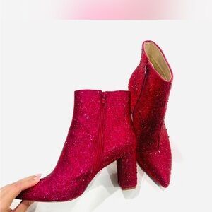 Betsey Johnson Cady Rhinestone Pointed Toe Ankle Boots in Fuchsia Pink